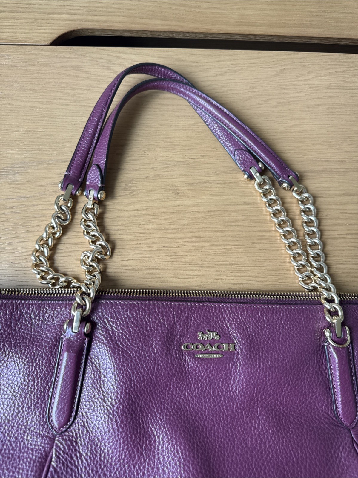 Coach Pebbled Leather Ava Chain Tote Dark Berry with Gold Hardware Style F87775