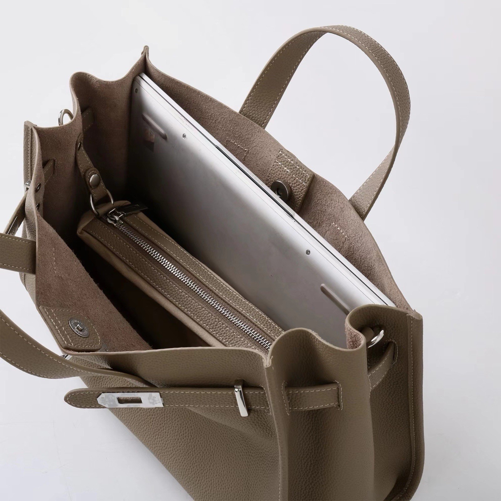 Cowhide Leather Tote Bag Grey Tan Handbag Purse Shoulder Bag Large