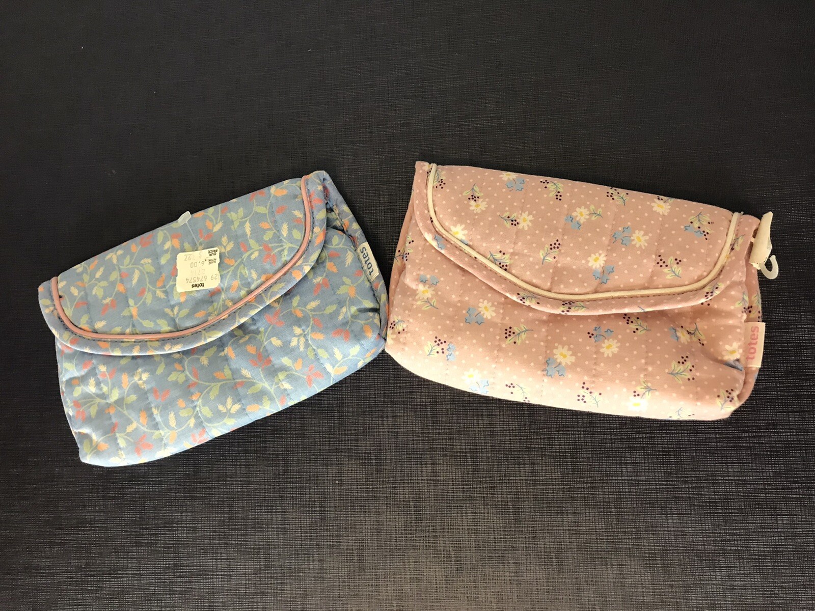 2 Totes Small Makeup Travel Bags Fabric Plastic Lined Deadstock