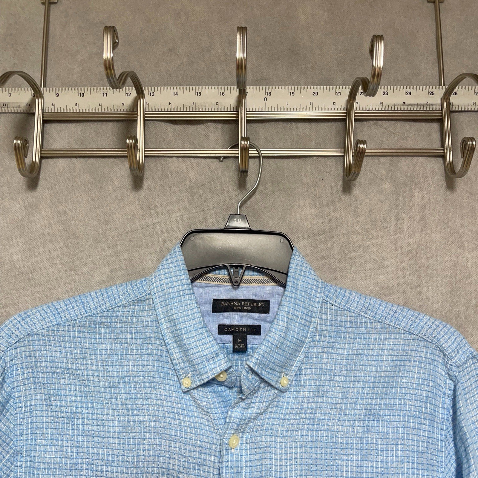 Banana Republic Shirt Men M Blue Check Linen Button Up Camden Hopsack Academia