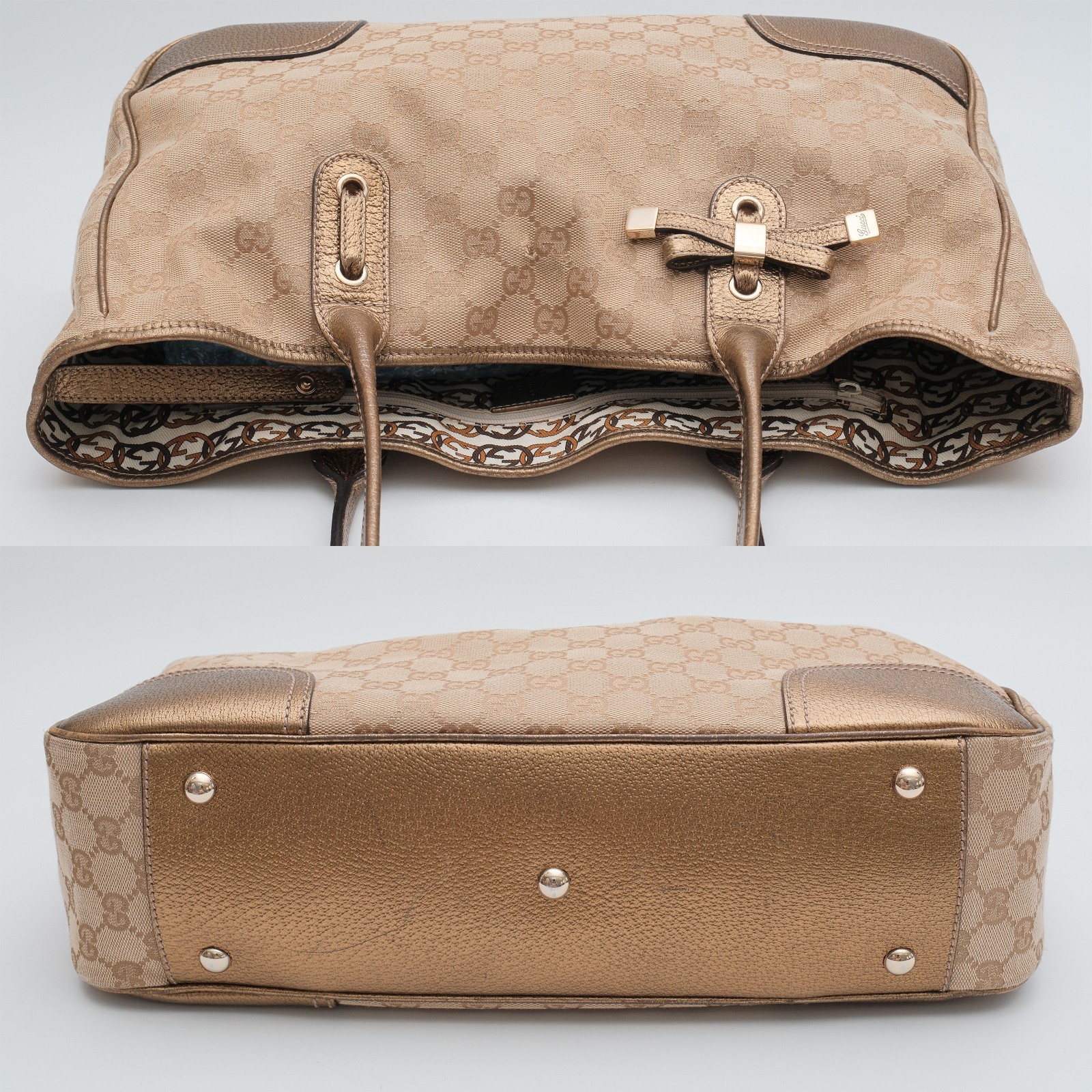 GUCCI Princy Tote Shoulder Hand Bag GG Canvas Gold