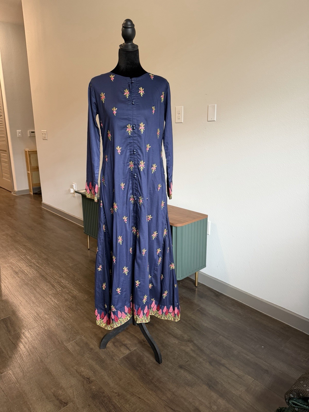 Navy Blue Cotton Lawn Embroidered Dress – Floral Pink & Green Design- XS