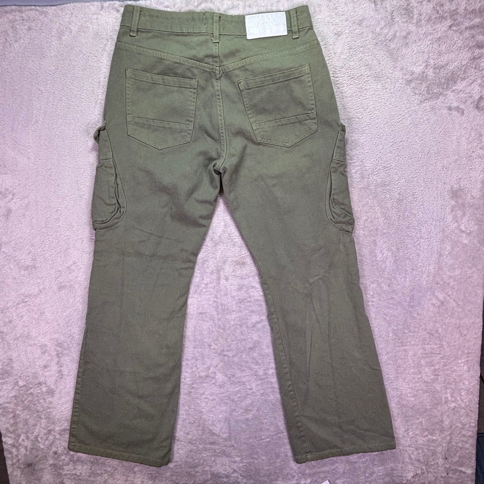 boohooMAN Mens Cargo Pants 32 Olive Green Cotton Utility Streetwear Button Fly