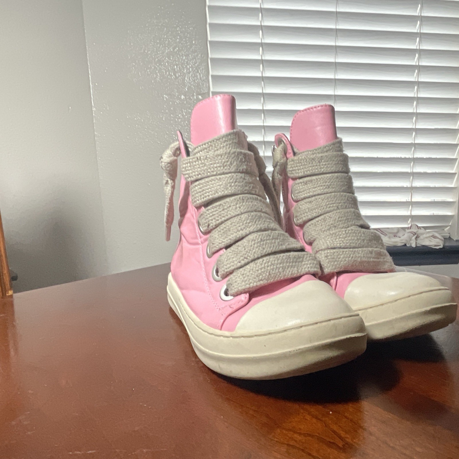 Rick Owens Men’s Pink/White/Gray High Top Lace-Up Athletic Sneakers, Solid