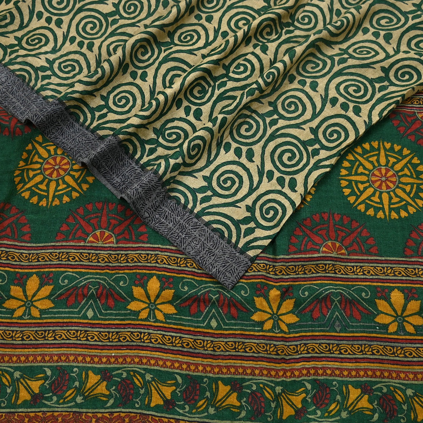 Vintage Beige Green Wool Saree Indian Pure Wool Floral Woven Fabric 6 Yard Soft