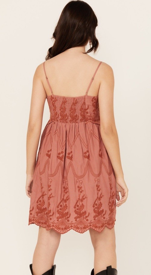 Boot Barn Cleo + Wolf Brina Boho Embroidered Mini Dress Scalloped Brick Red S