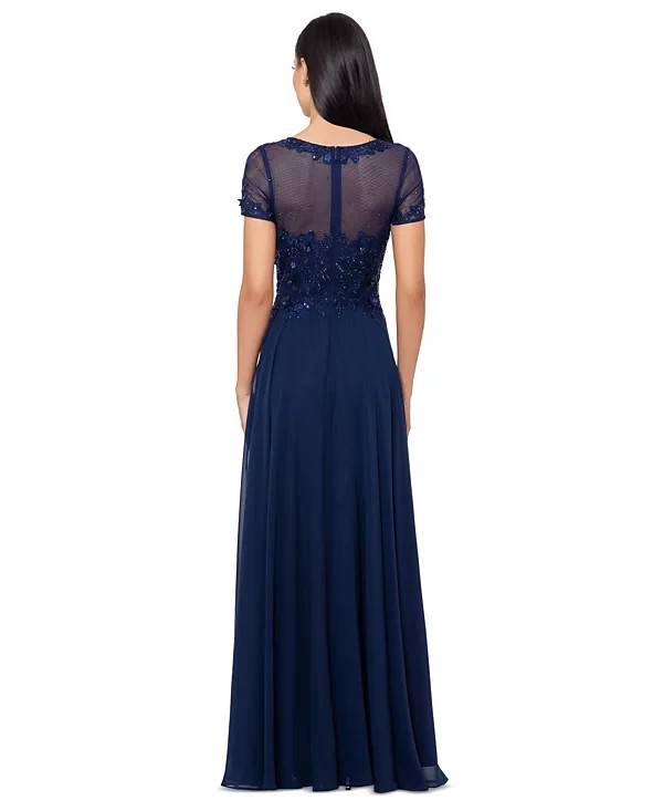 Xscape Navy Blue Beaded Embroidered Mesh Gown Dress Size 18 $308