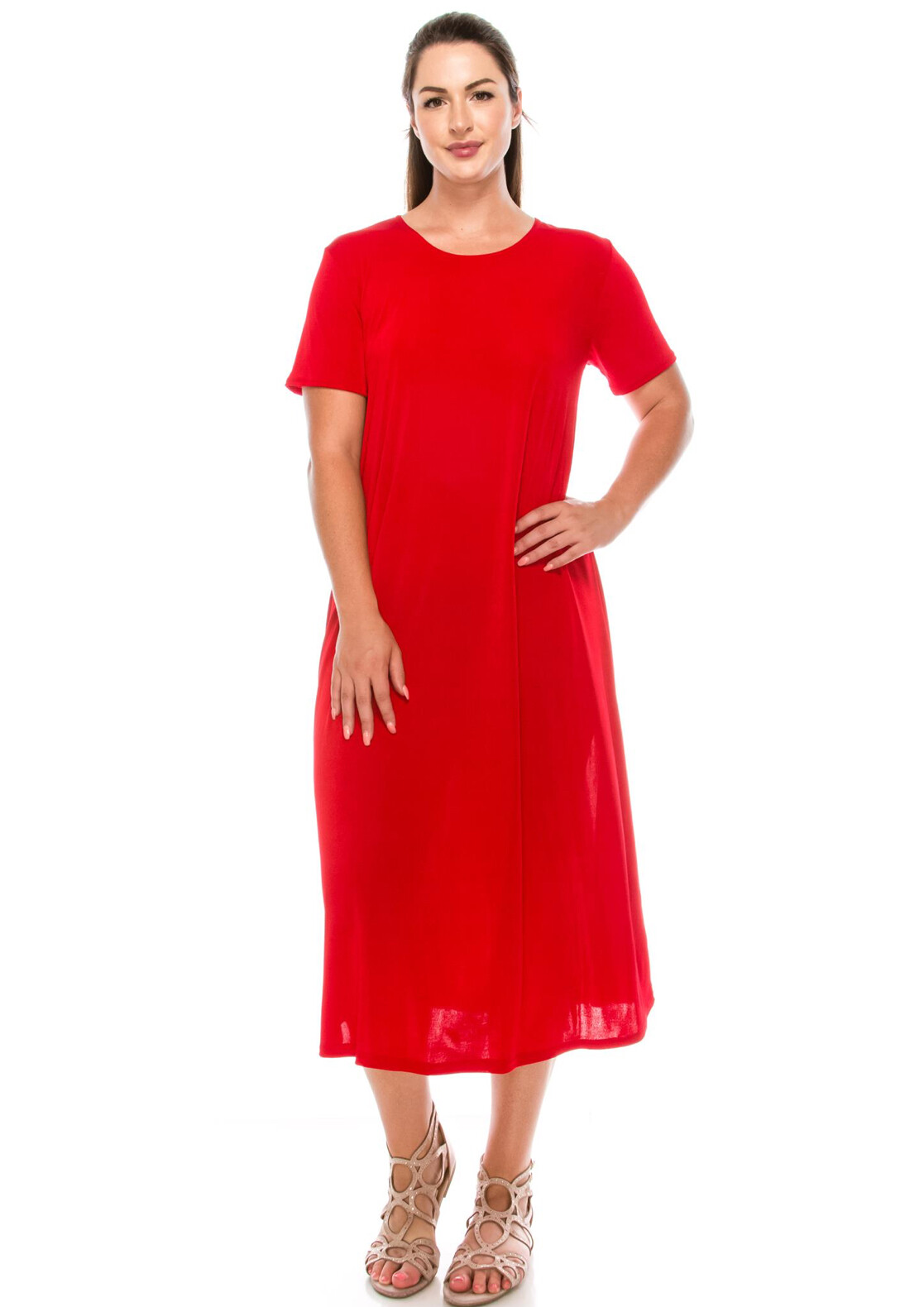 JOSTAR LONG DRESS Poly Spandex Slinky STRETCH Knit TRAVEL RED S M L XL 2X 3X