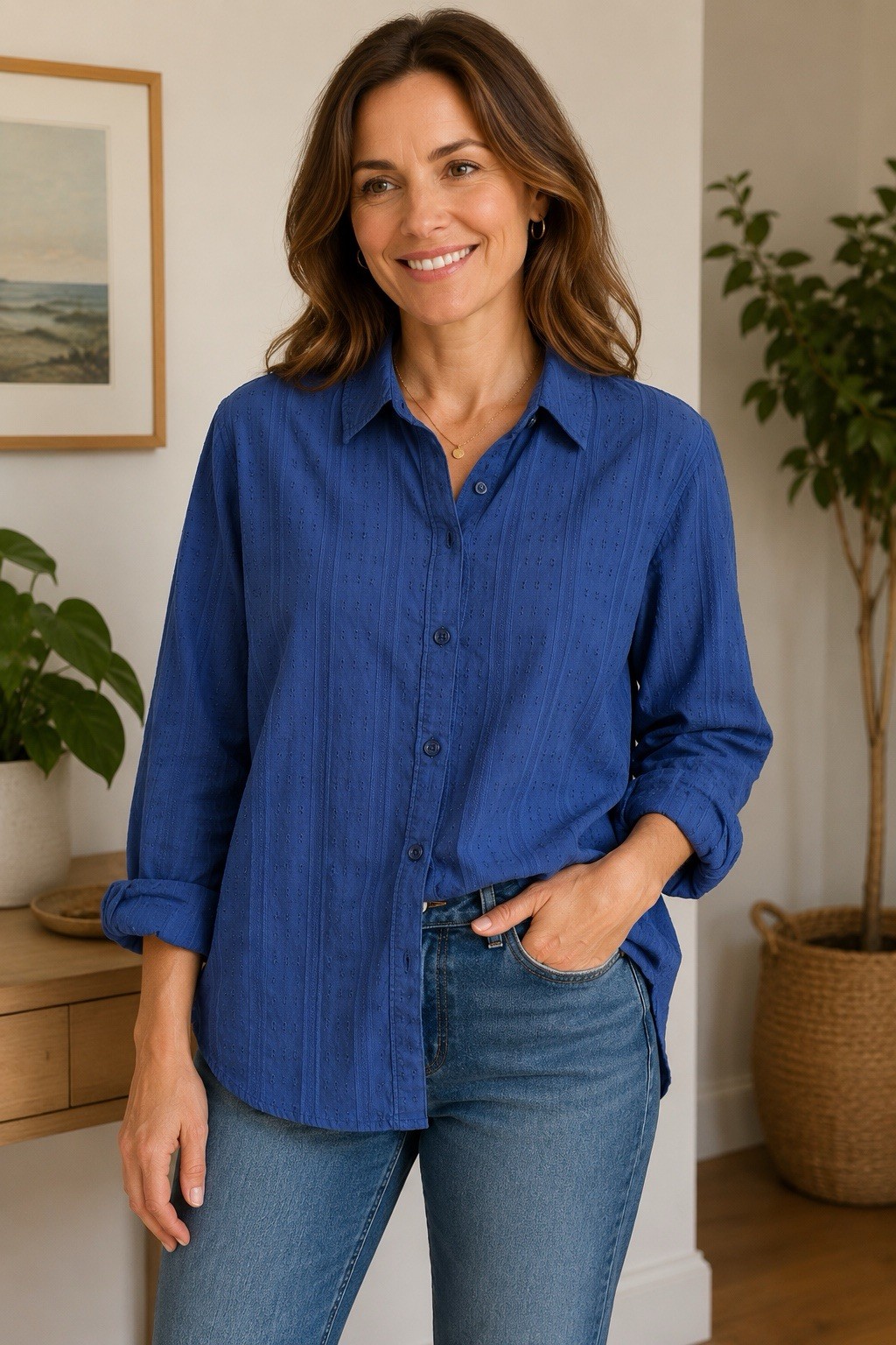 Nine West Blue Pintuck Textured Button-Up Cotton Shirt Medium