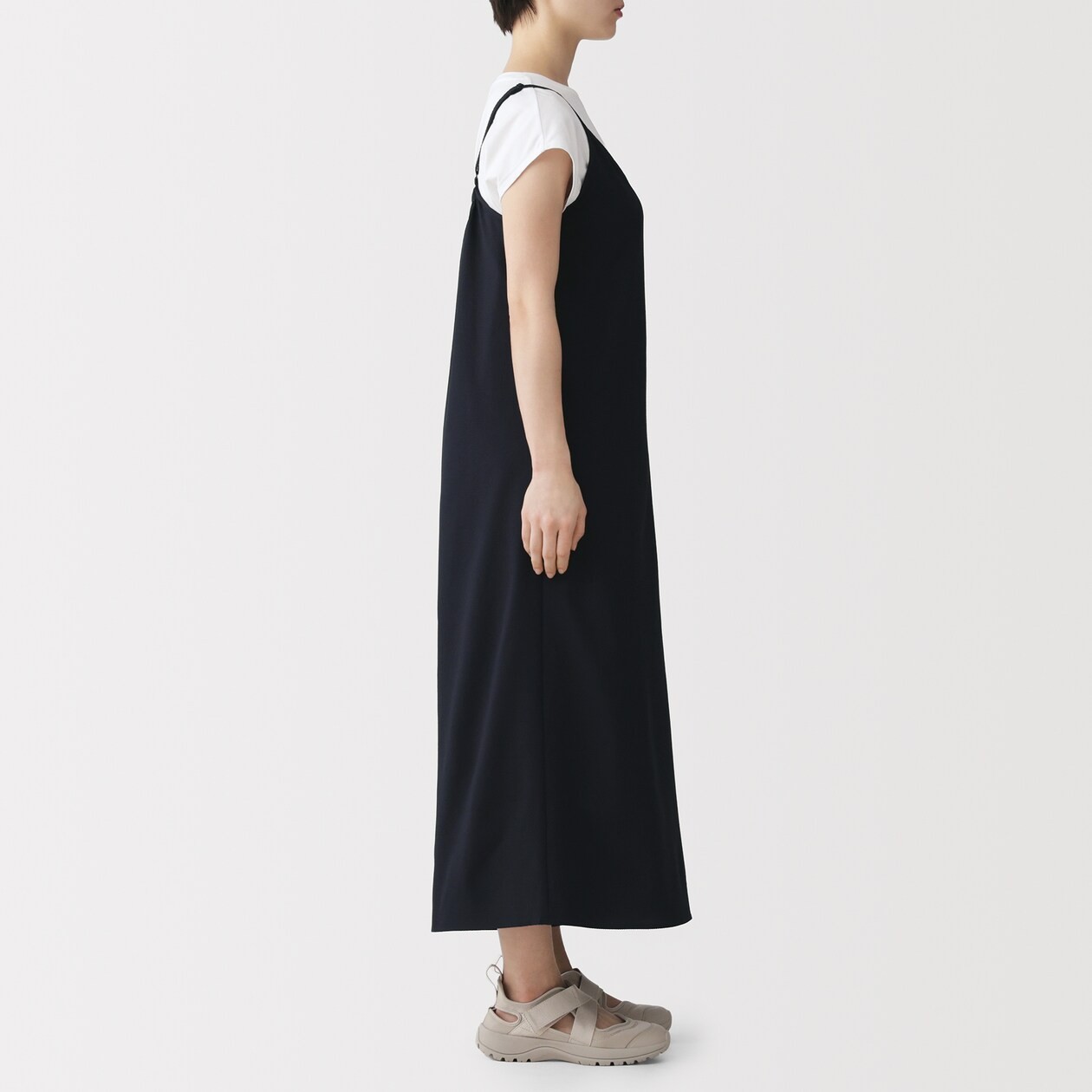 MUJI Womens Stretch Seersucker Salopette Jumpsuit Black FedEx