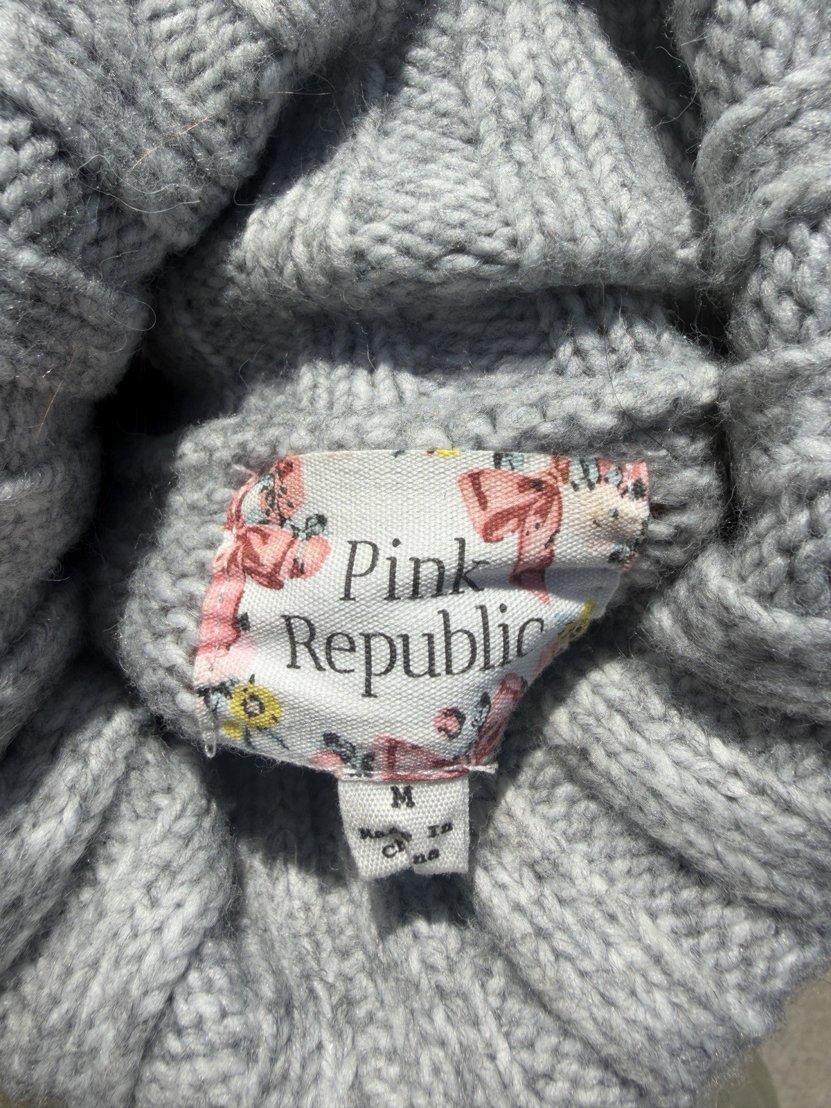 Pink Republic Gray Chunky-Knit Ribbed Turtleneck Pullover Sweater M Raglan