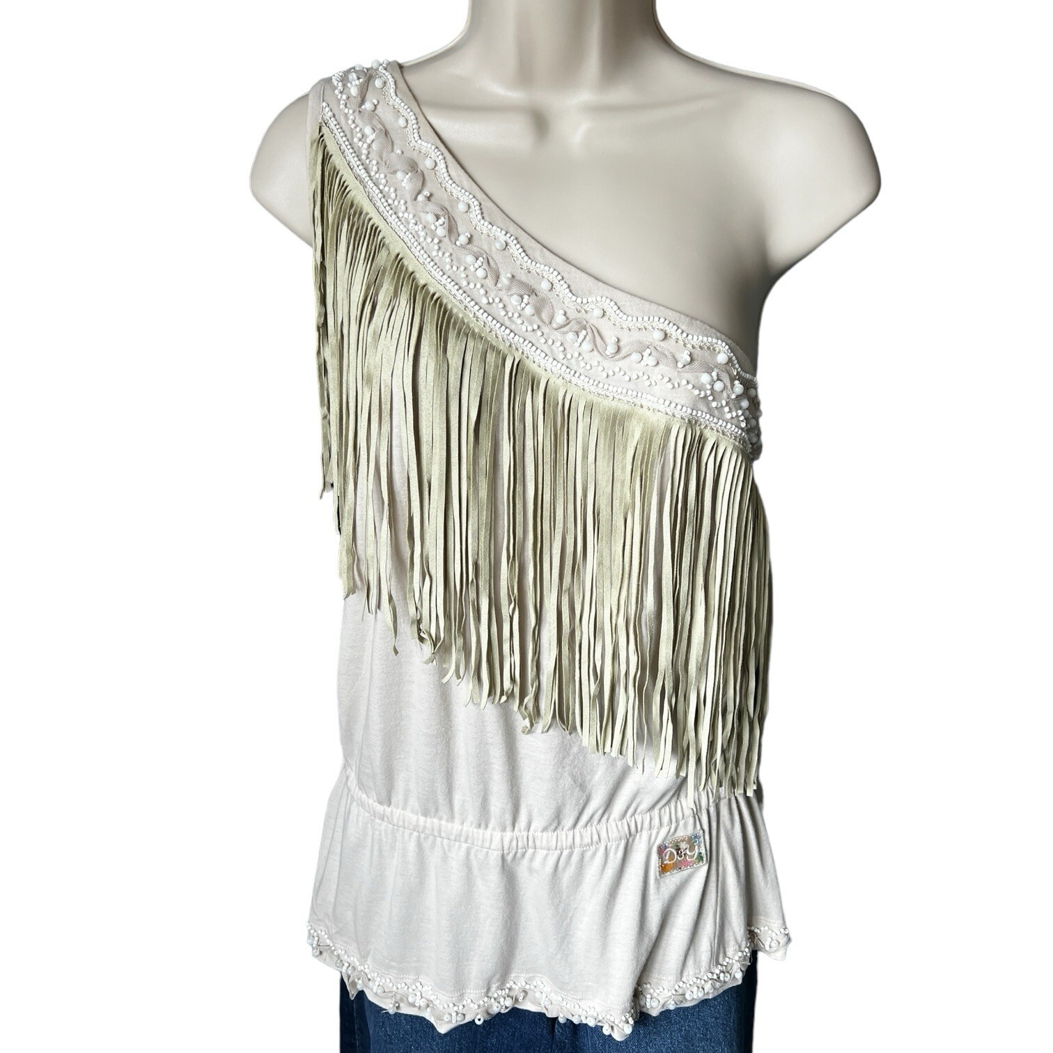 Dolce & Gabbana Vintage One-Shoulder Beaded Feather Top (IT42)