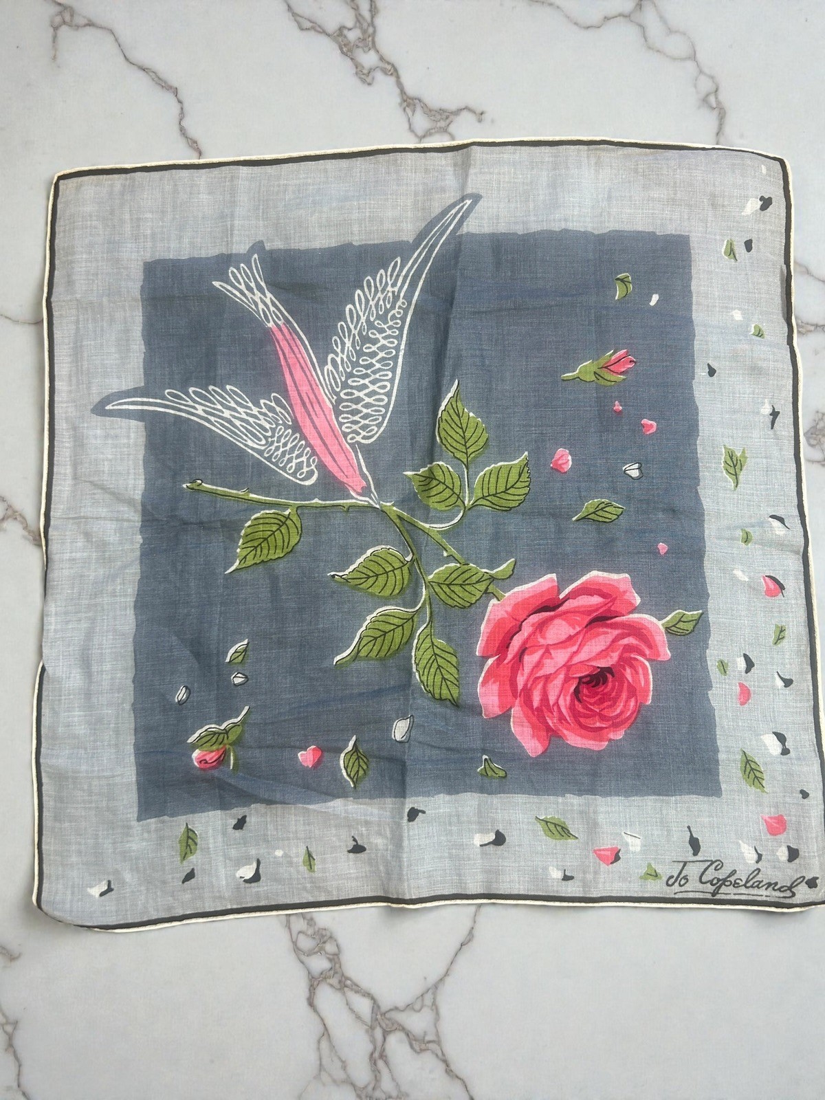 Vintage 50s Jo Copeland Handkerchief Rose Floral Bird 15″ Square