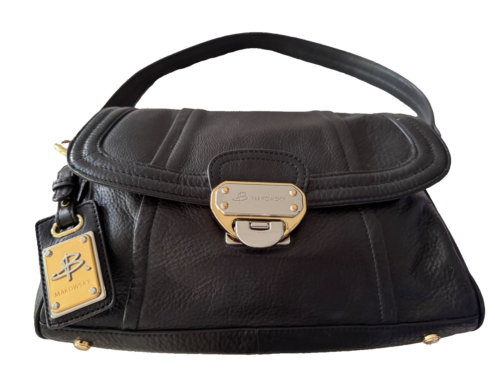B Makowsky Leather Handbag Black Shoulder Bag W/black Strap