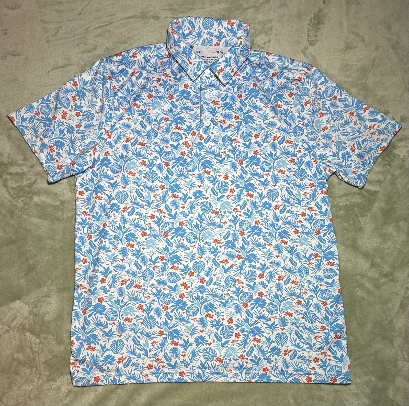 Under Armour The Playoff Polo Mens Large Blue Floral Hawaiian AOP Stretch Shirt