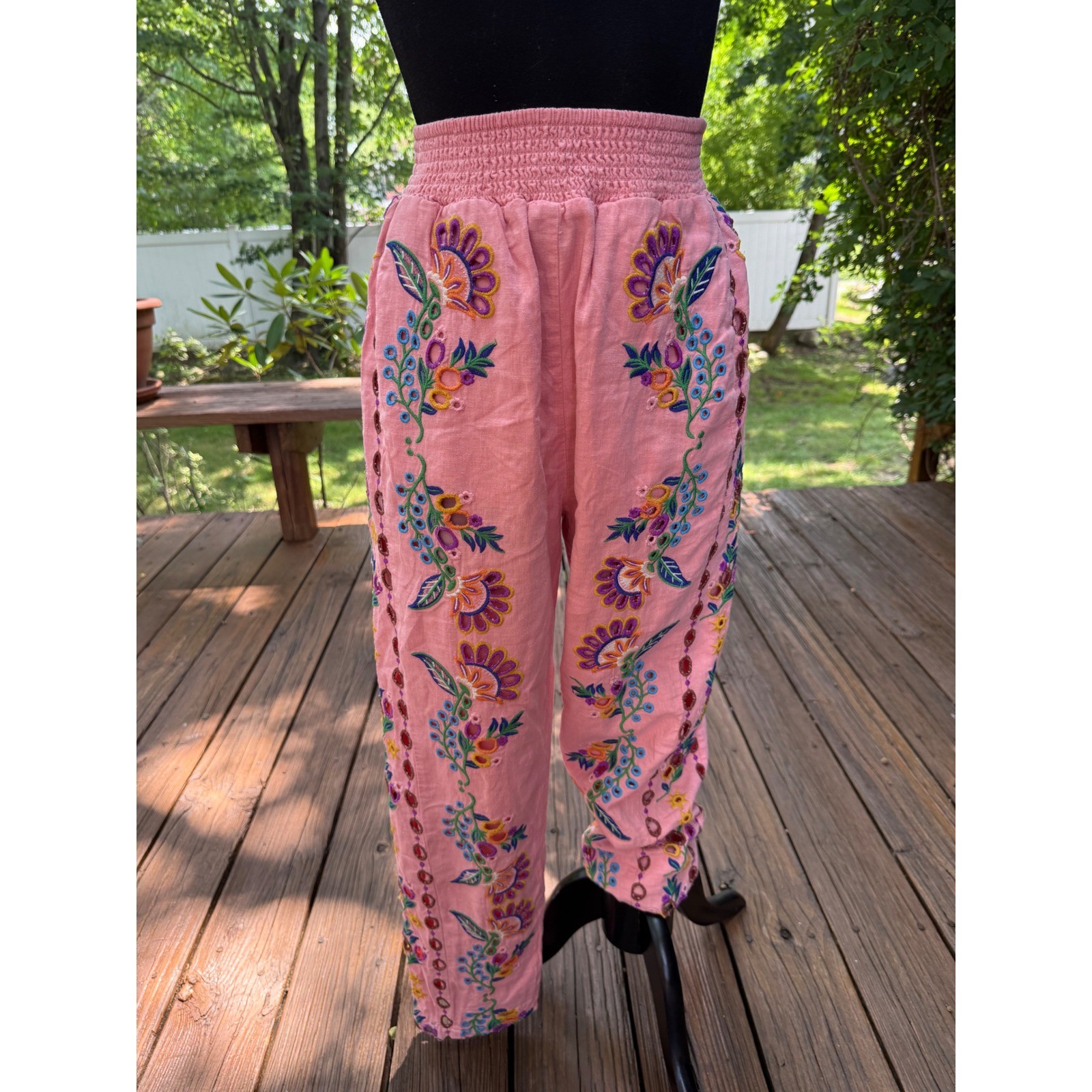 Farm Rio Pink Linen Embroidered Eyelet Smocked Waist Tapered Pants Womens
