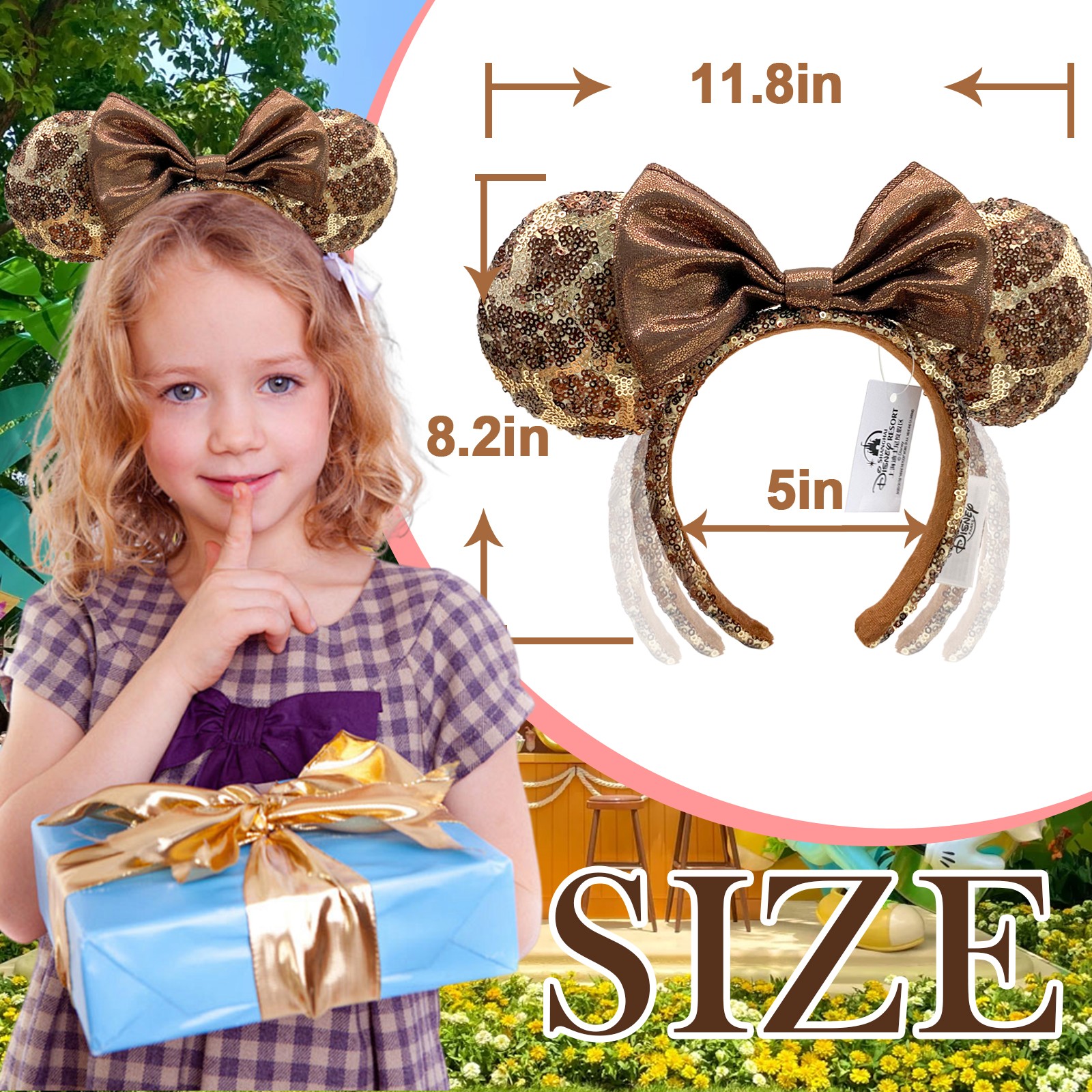 Disney` Animal Kingdom Parks Headband Minnie Mickey Ears Giraffe Print Spangle