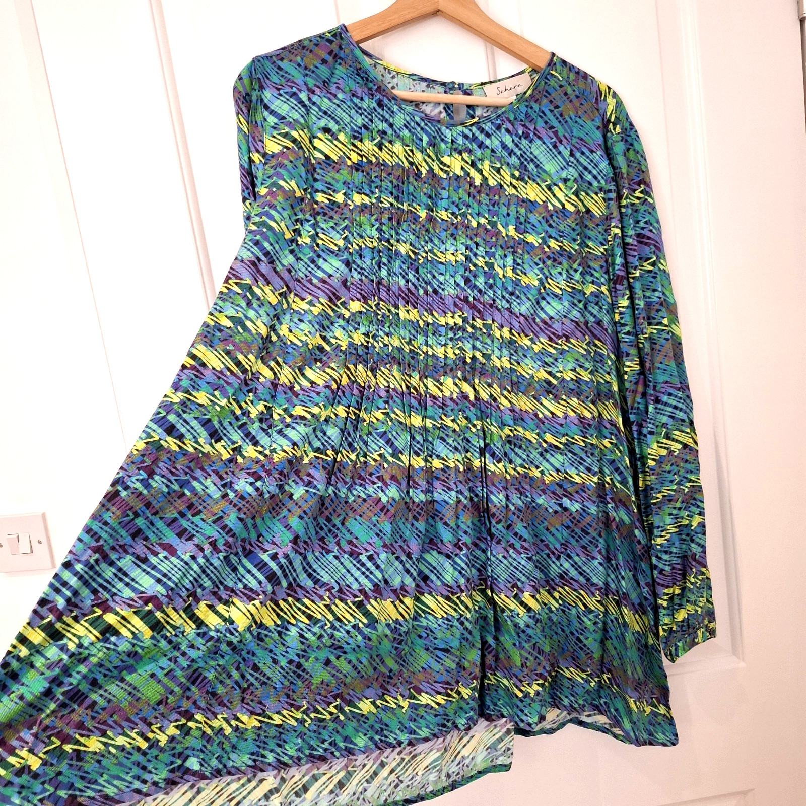 Sahara Tunic Top Size 2 UK 12 14 Oversized Pleated Scribble Print Relaxed Fit
