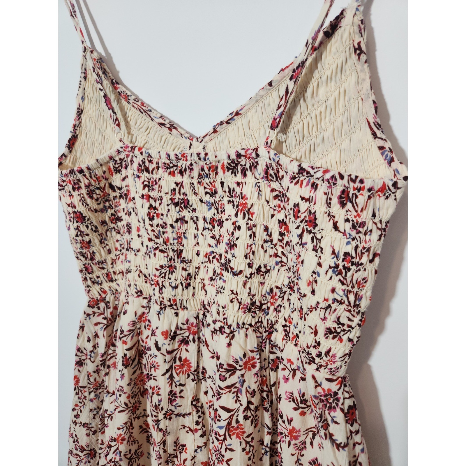 American Eagle Floral Smocked Mini Dress Cream Red Adjustable Straps Womens M