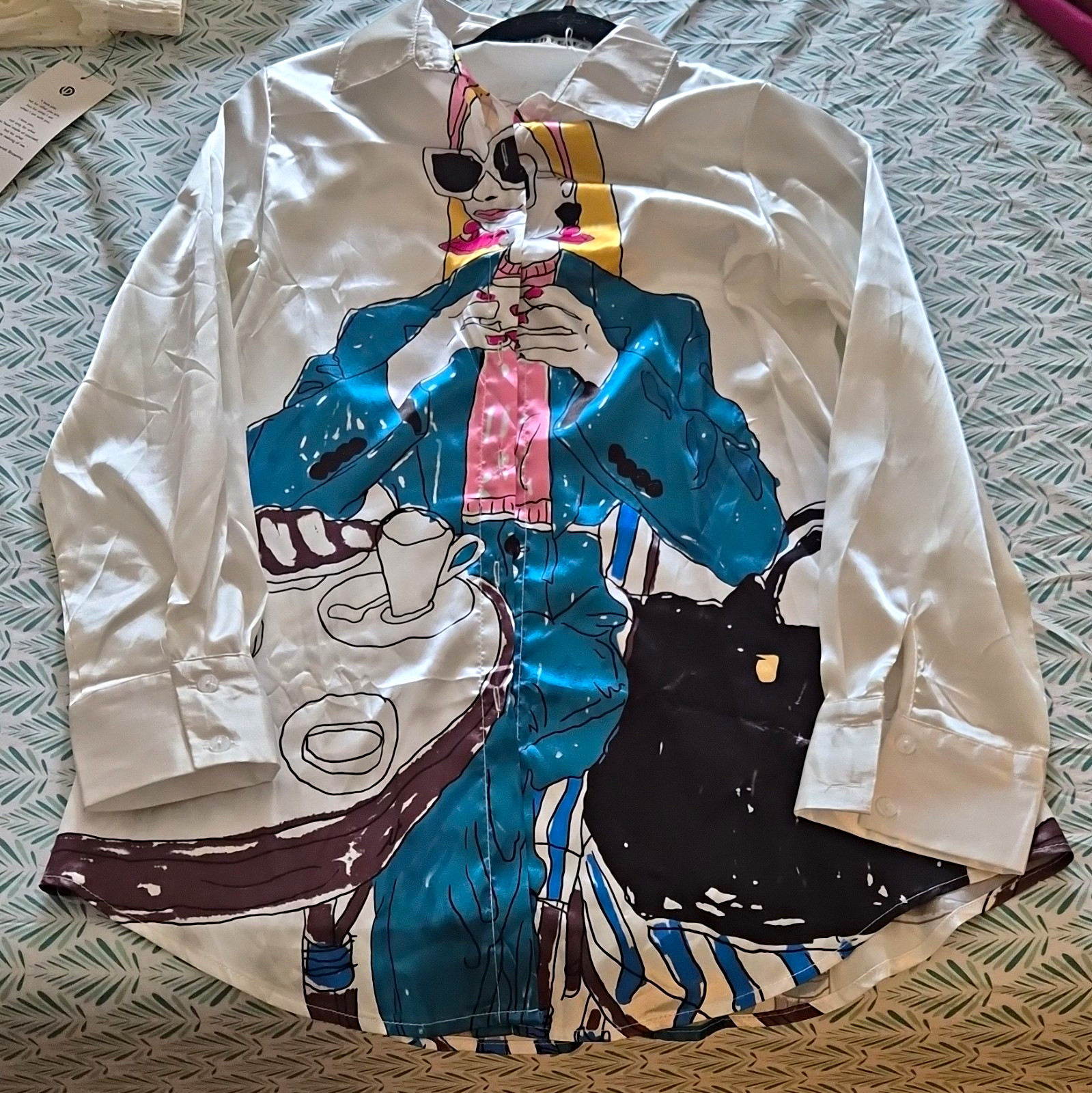 Red Leaf Women’s Graphic Print Collared Long Sleeve Button-Up Shirt S P1235#