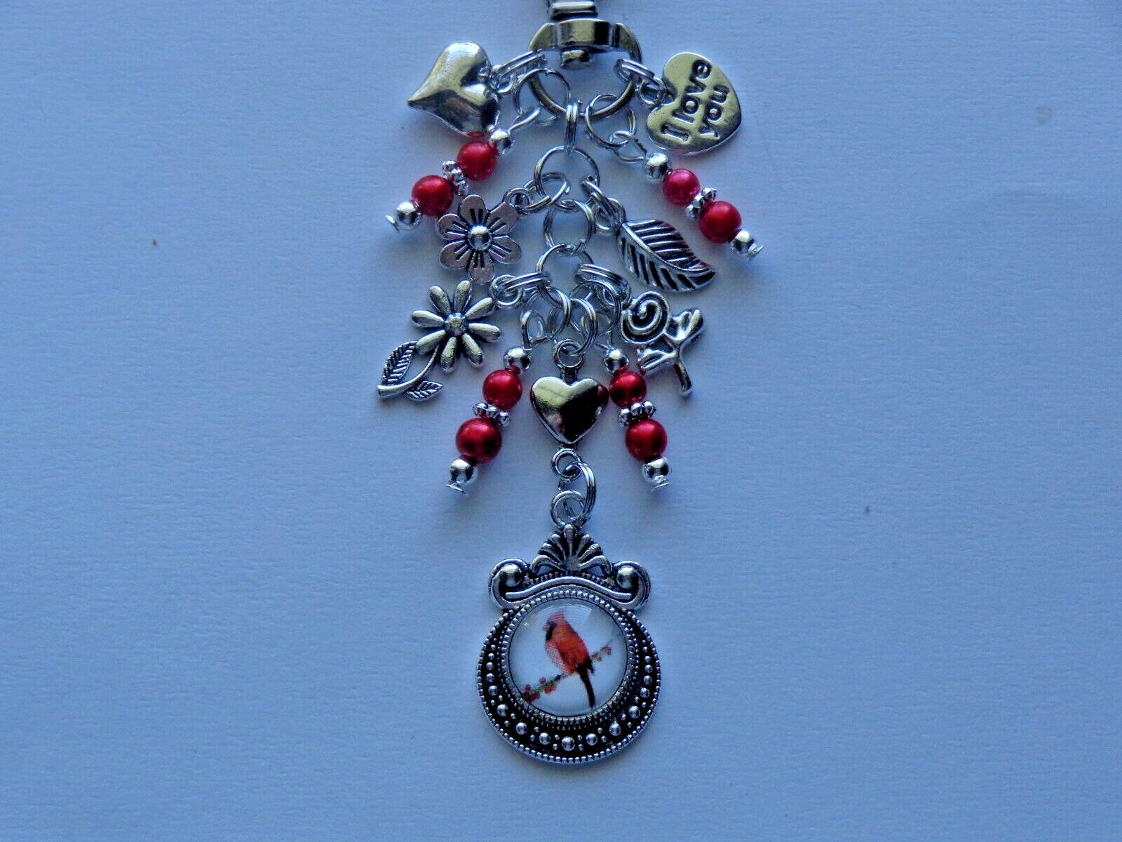 CARDINAL BIRD FLOWERS RED BEADS LOVE KEY CHAIN PURSE CLIP BAG CHARM DANGLE FOB