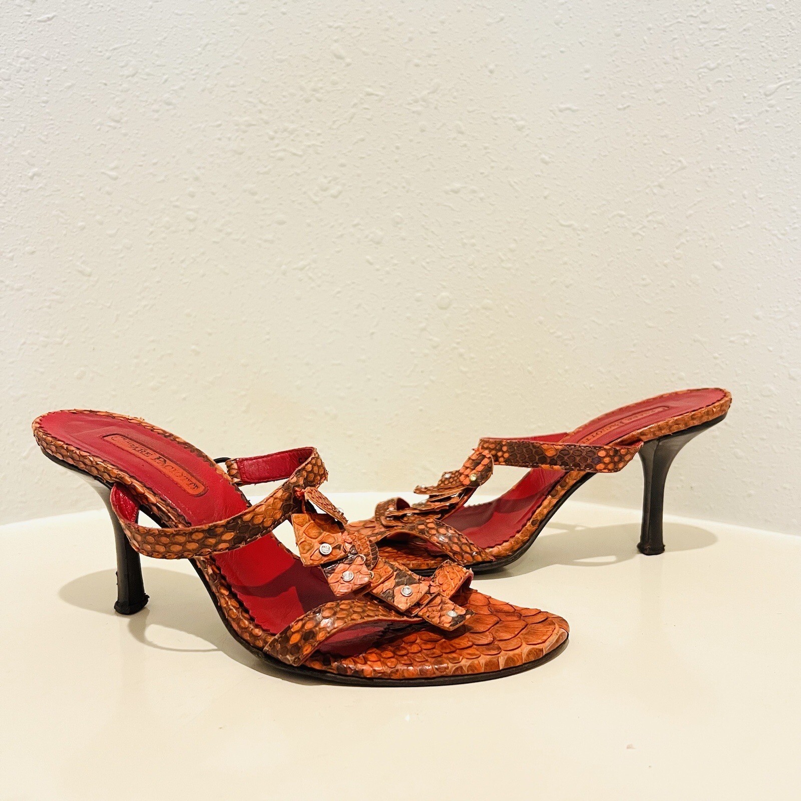 Cesare Paciotti Vintage Women’s Orange Snakeskin Rhinestone Heeled Sandals Sz 6