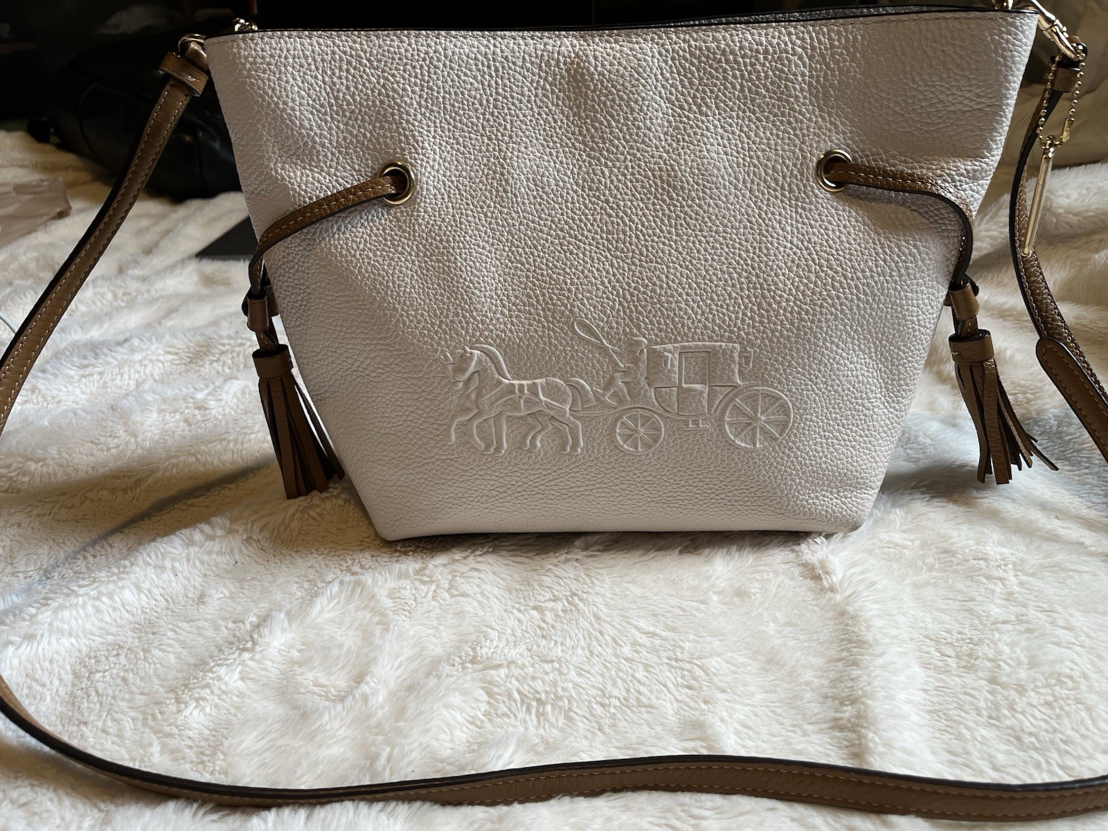 Coach Pebbled Beige Medium Crossbody, Brown Strap, Tassel, Gold Hardware
