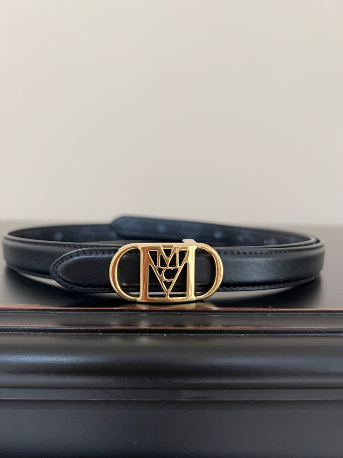 MCM Mode Mena Black Reversible Leather Belt 24K SH Gold 100 / L