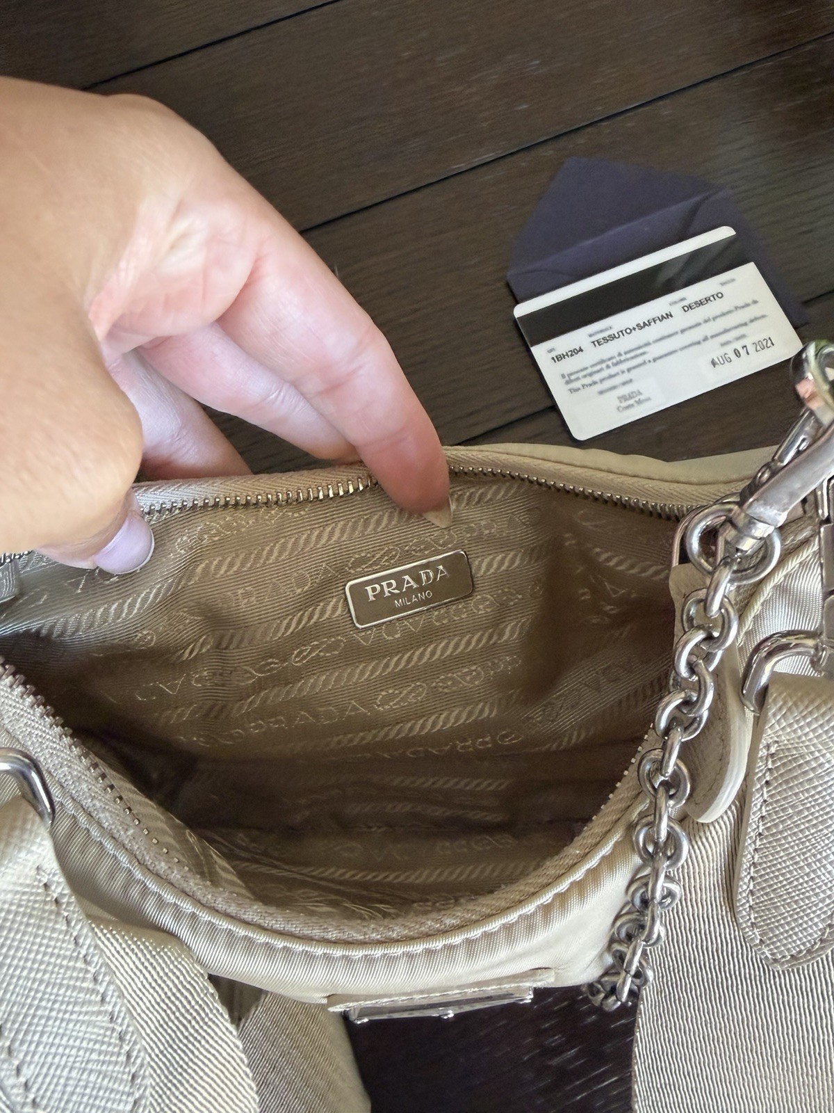 Prada Beige Nylon Shoulder Bag with Logo Strap and Chain