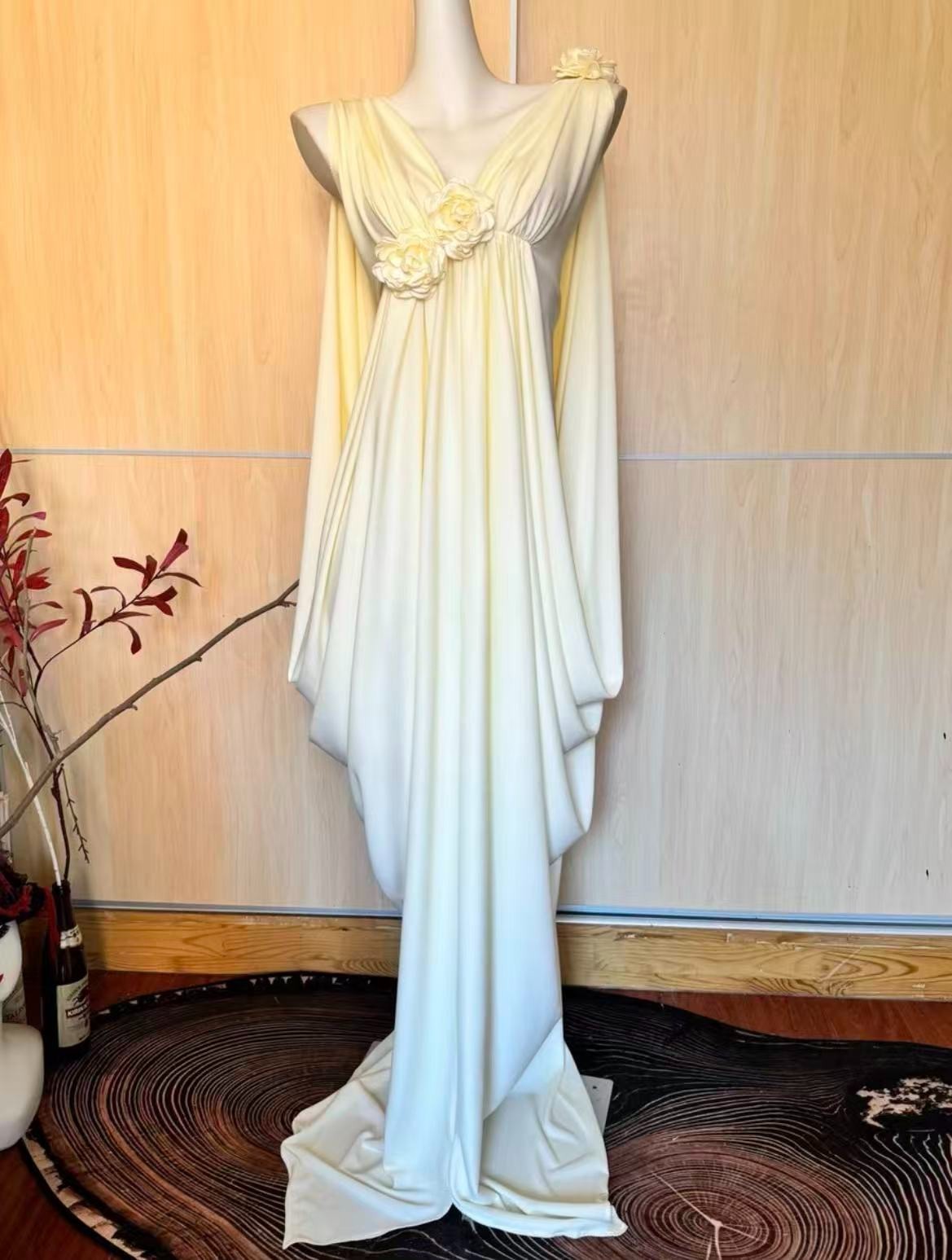 Handmade Greek Goddess Maxi Dress V Neck Backless Draped Floral Ivory Gown