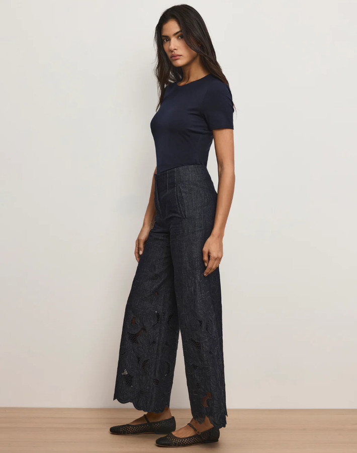 NEW VERONICA BEARD Osborne Wide-Leg Eyelet Pant Indigo Rinse 0-12