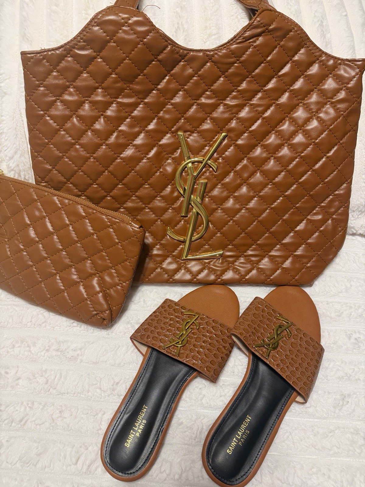 Saint Laurent Brown Quilted Tote Bag w/ Pouch Gold Logo Hardware Women’s
