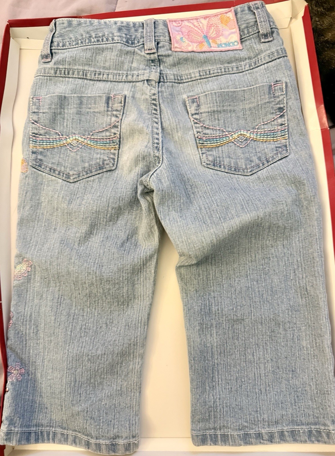 Y2K BONGO Girls Denim Capri Pants Size 7 with Embroidered Flowers