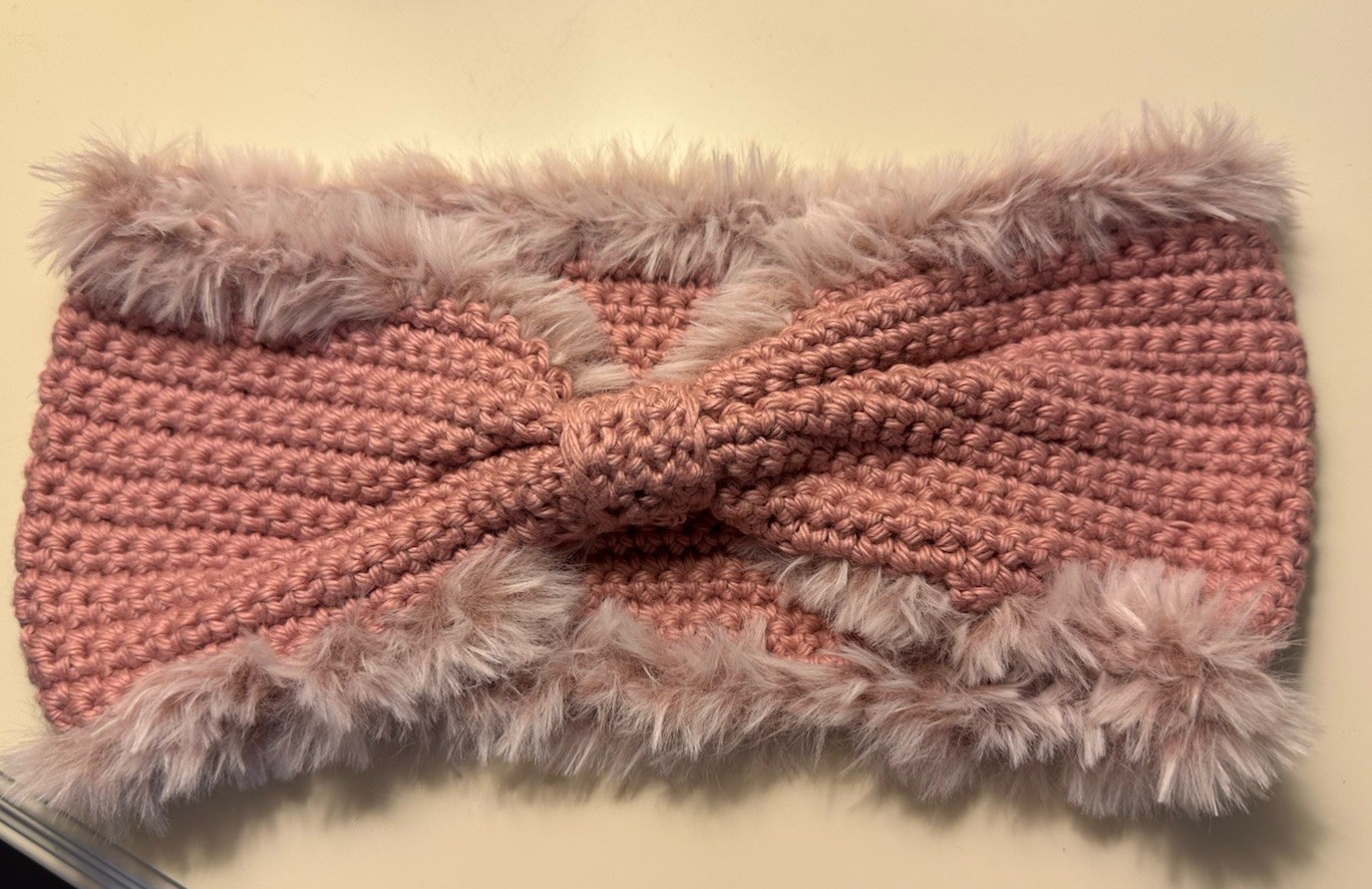 Handmade Rose Pink Bow Crochet Headband/ Ear warmer With Pink fur Trim