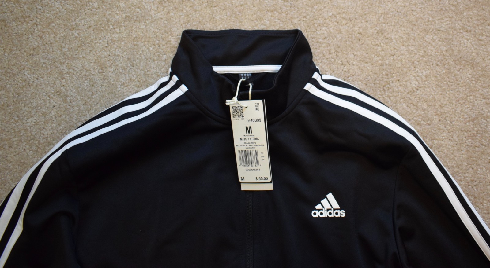 New Mens Adidas Track Jacket Medium Black Zip Front Regular Fit Long Sleeve