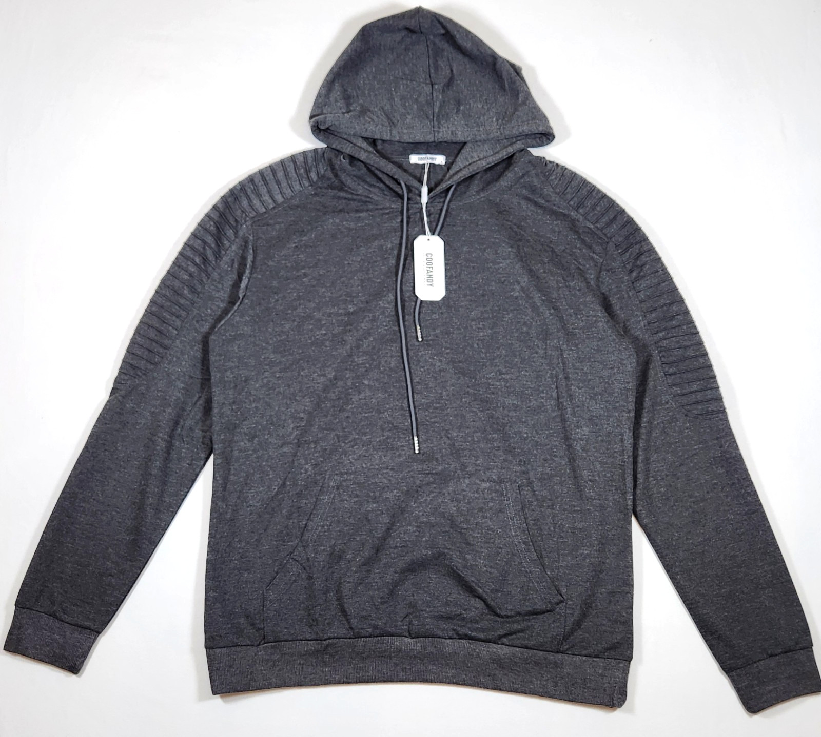 Coofandy Men’s Athletic Pleated Biker-Style Sleeves Grey Pullover Hoodie – L