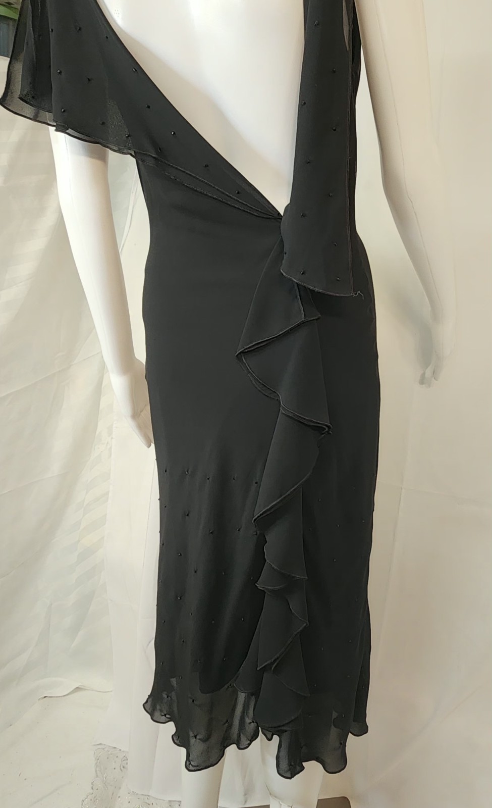 Lucia Figuredo,Black,Cascading Plunge,Flowing Sheer Overlay,Below Knee,SM,NWOT
