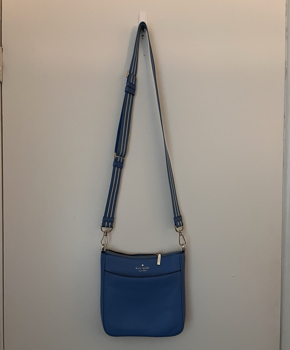 Kate Spade New York Blue Pebbled Small Crossbody Zip Bag Gold Hardware Strap