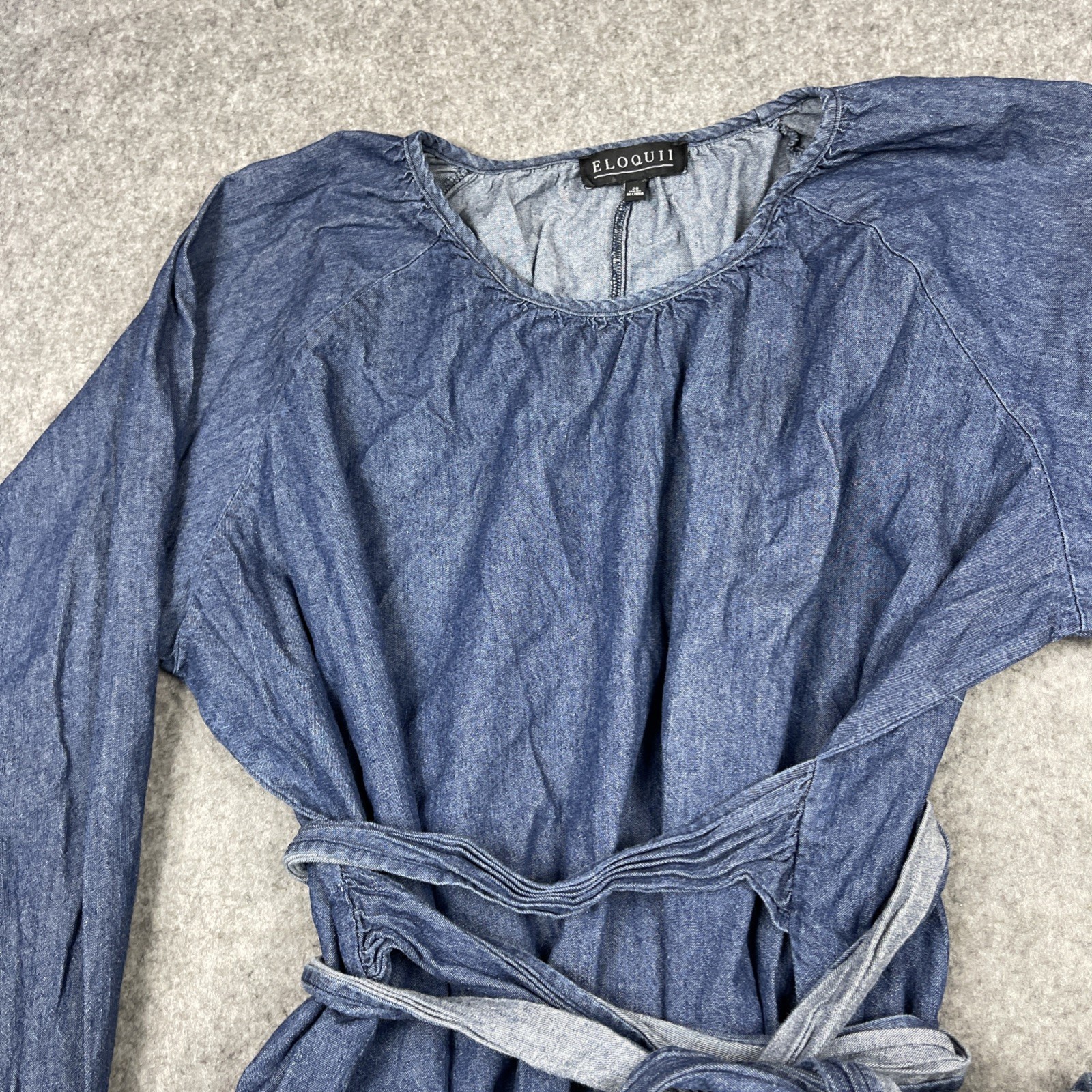 ELOQUII Chambray Tie Waist Tunic Top Sz 20 Dolman Batwing Sleeve 100% Cotton