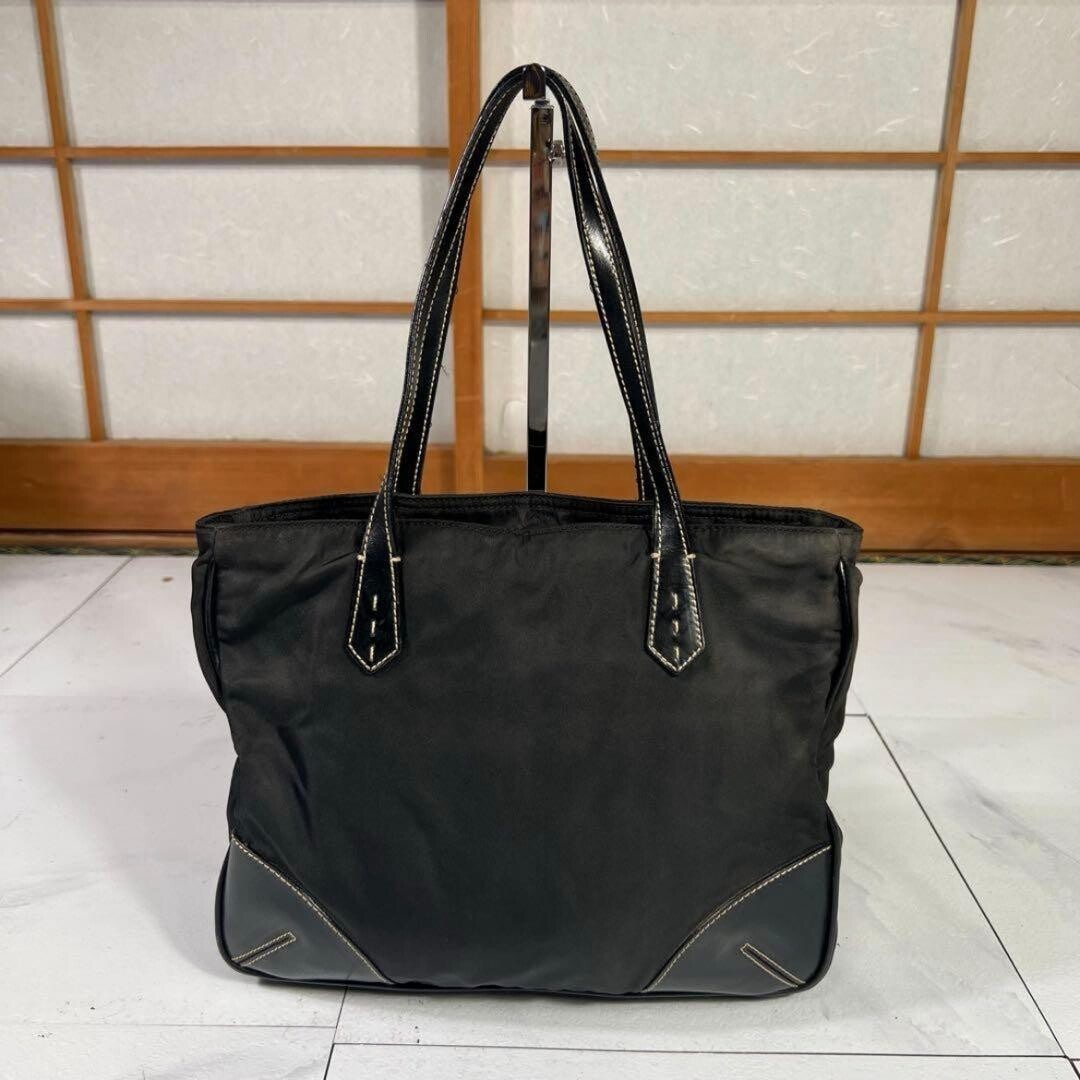 PRADA Black Nylon Leather Triangle Logo Tote Bag Handbag Unisex Silver Hardware