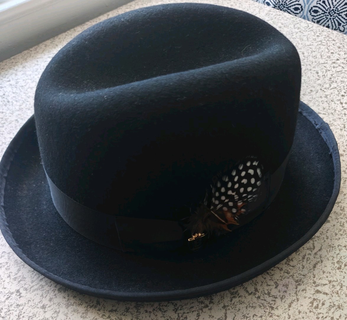 Bruno Capelo Men’s Black Solid Fedora Hat w/ Feather Accent Size 7 1/2