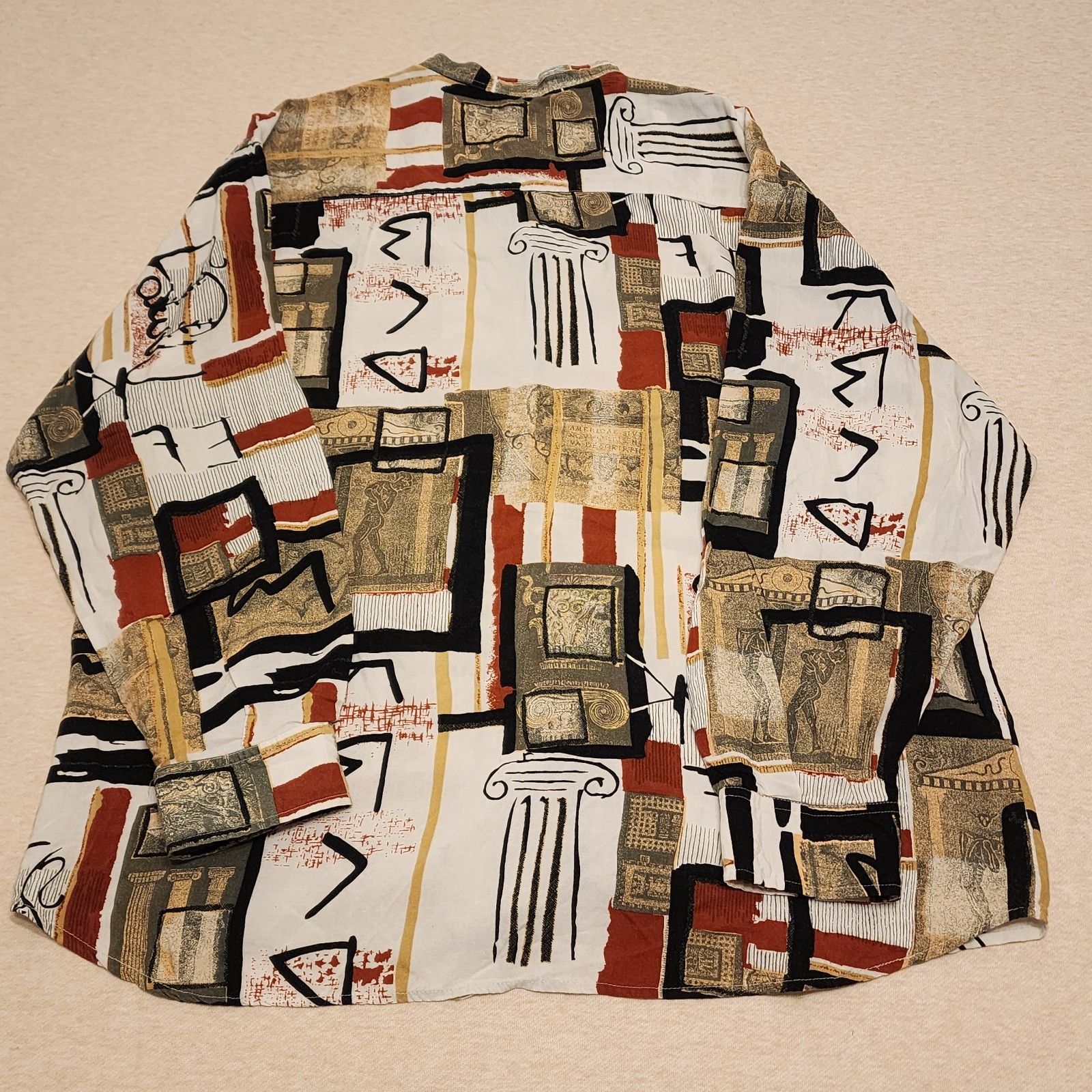 XSTATX men’s 100% rayon abstract/art-print button shirt Mandarin collar, size XL