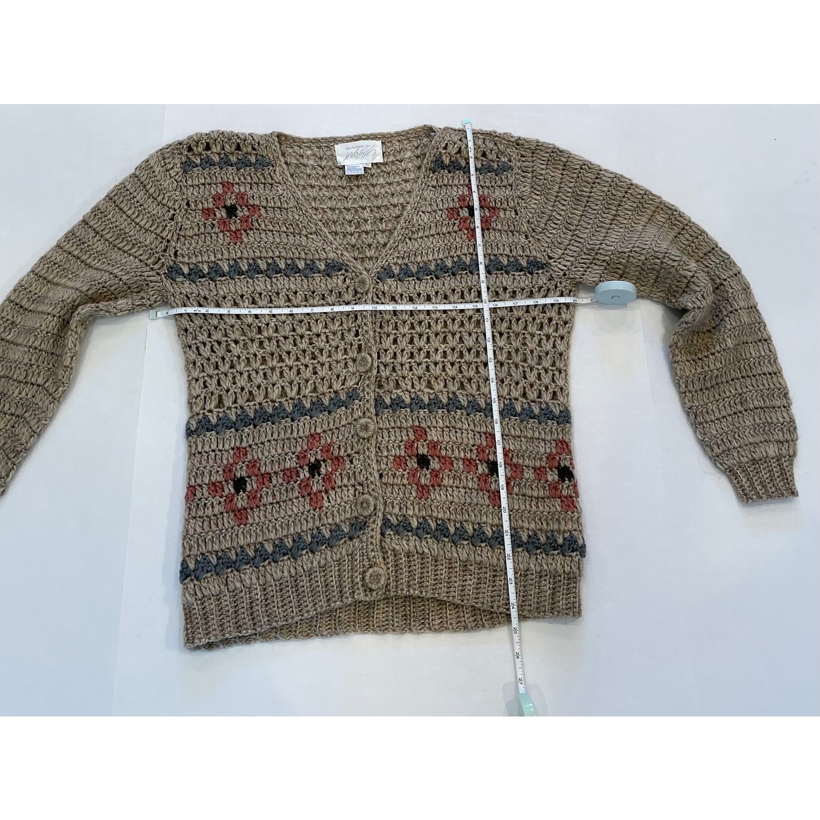 Vintage Lord & Taylor Tan Wool Blend Open Knit Crochet Cardigan, Floral, Size L