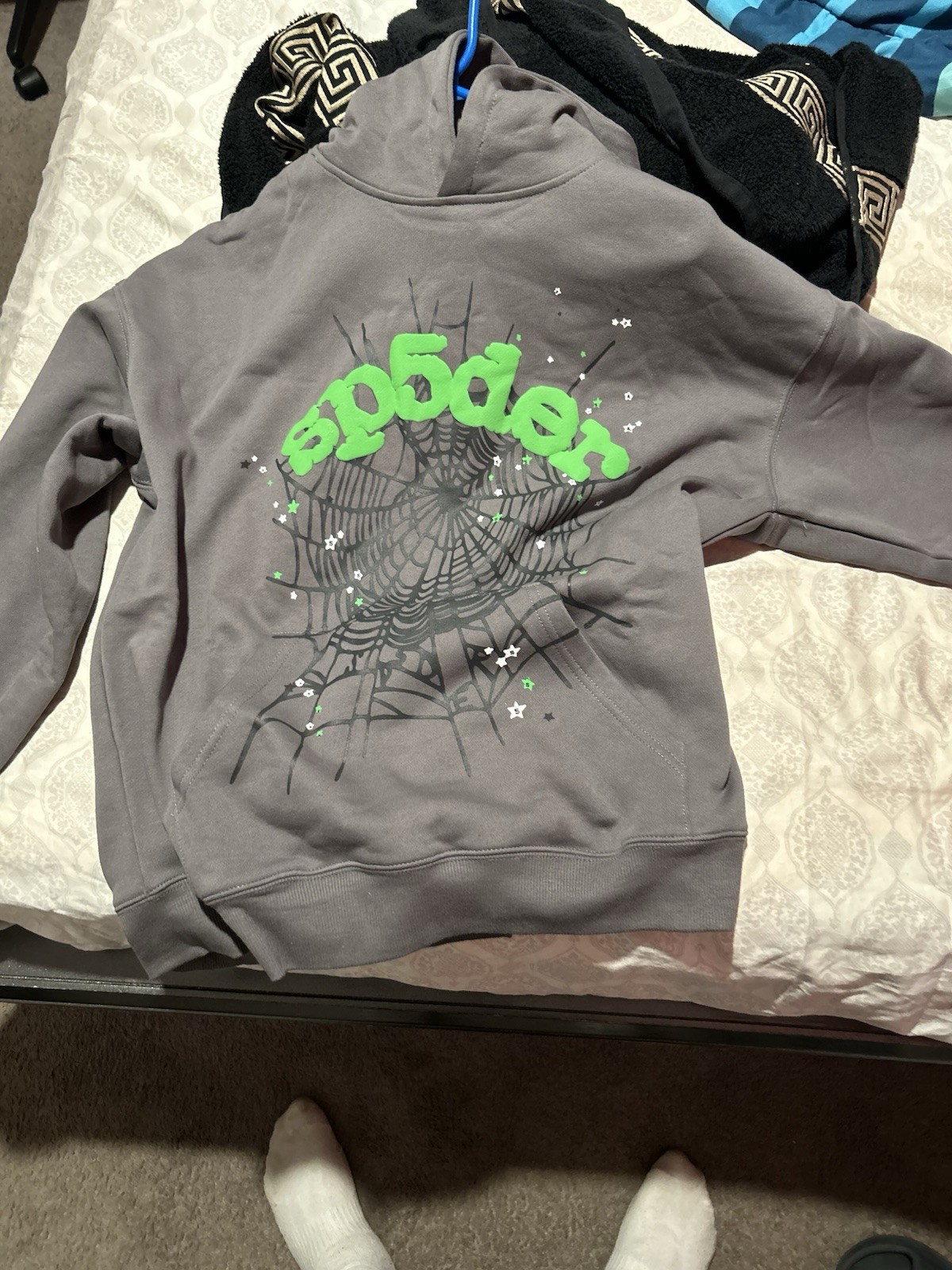 L spi Men’s Gray Pullover Fleece Hoodie Green Spider Logo Graphic Long Sleeve L