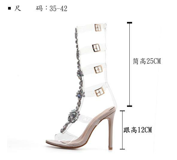 14cm Women Transparent Belt Buckle Hollow Roman Rhinestones Sandals High Heel