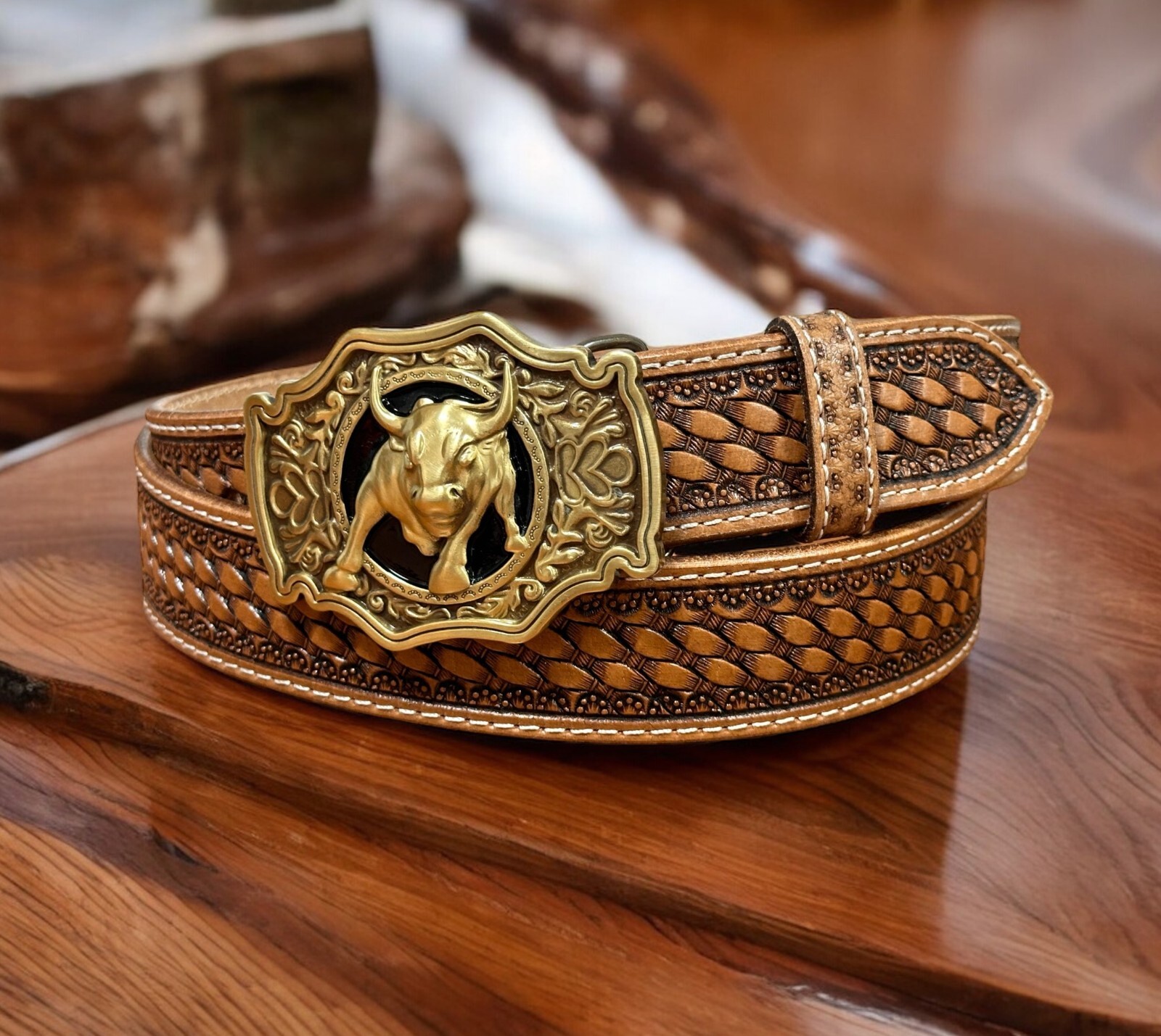 Men’s Western Belt Cowboy Rodeo Full Grain Leather Heavy Duty Removable Buckle