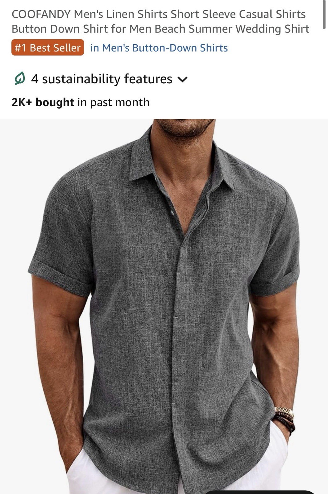 COOFANDY Men’s Gray Linen Rayon Button-Up Shirt Short Sleeve Lightweight 2XL
