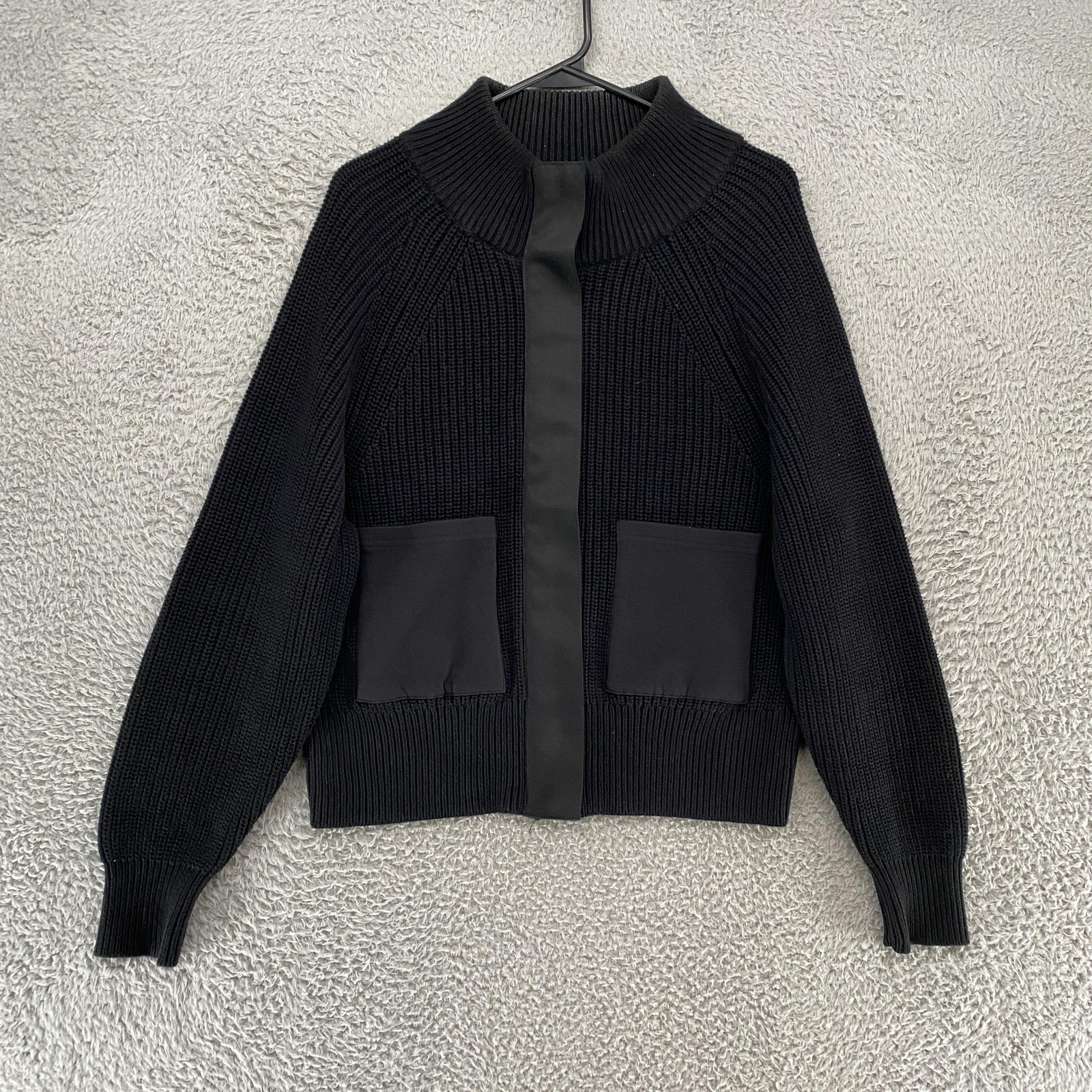 Varley Sweater Jacket Womens XS Delfern Black Rib Knit Funnel Neck Patch Pockets