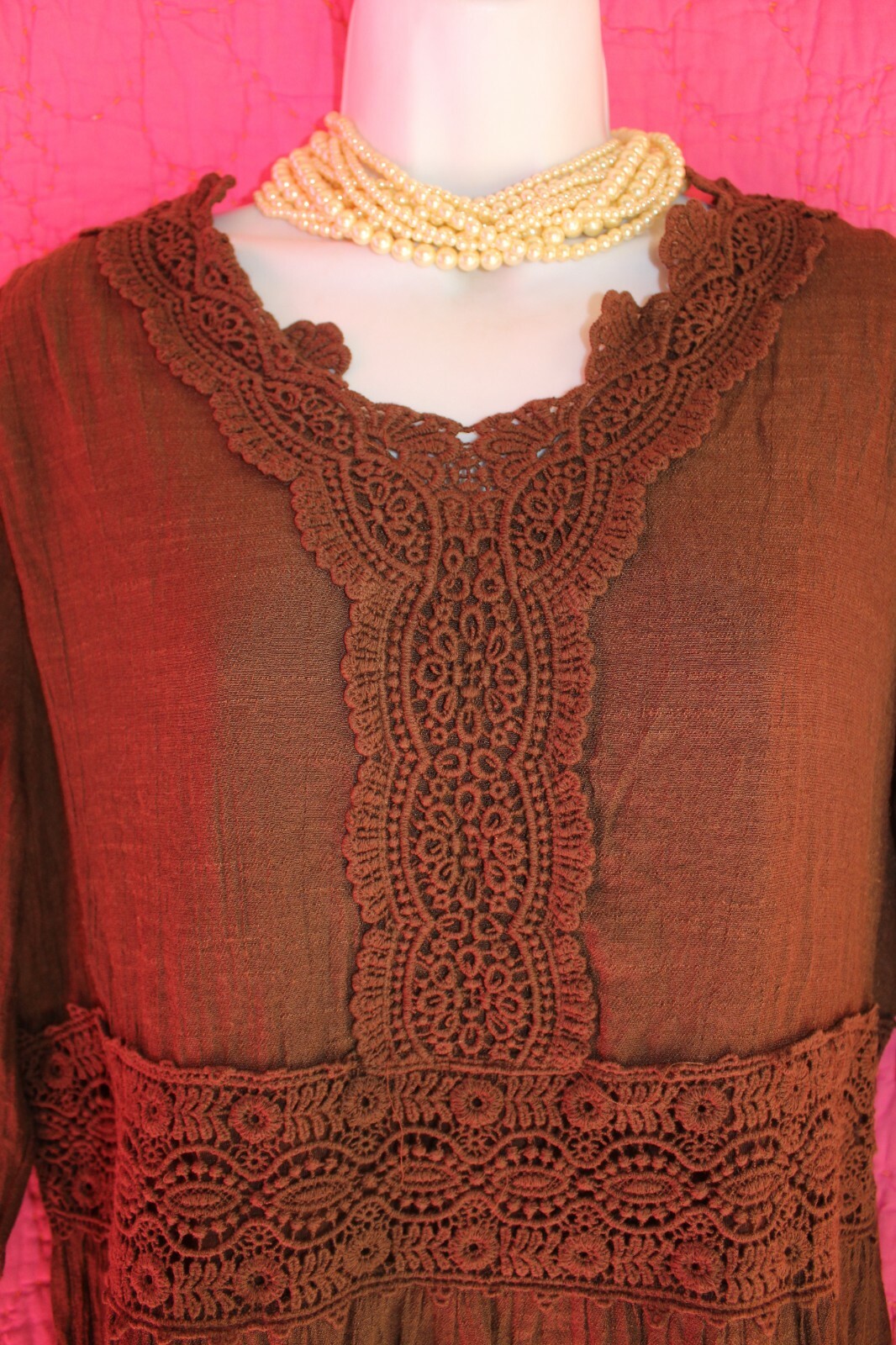 INDIGO SOUL Brown Boho Tunic Top Crochet Neck Waist Double Ruffle Hem Sz L Lined