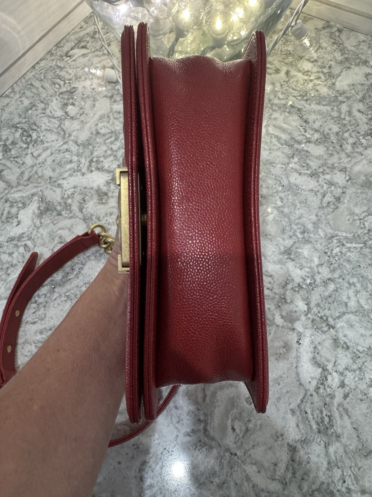 CHANEL Chevron Quilted Red Shoulder Bag Chain Strap CC Push Lock Gold HW